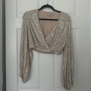 Champagne Gold Sequined Long Sleeve Crop Top